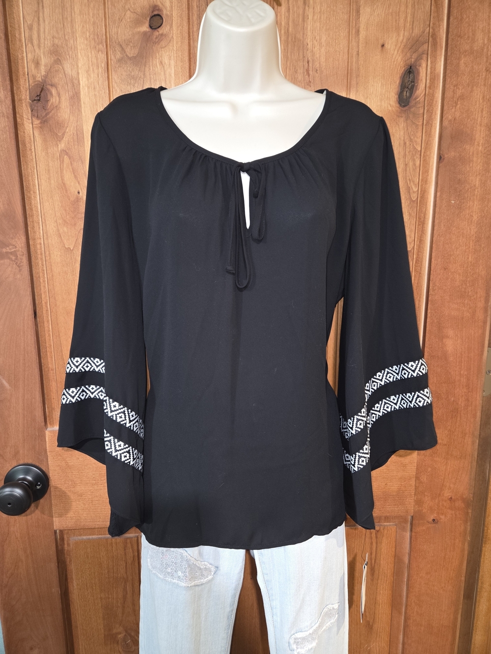 AGB Black Boho Tie-Neck Blouse with Embroidered Bell Sleeves‎